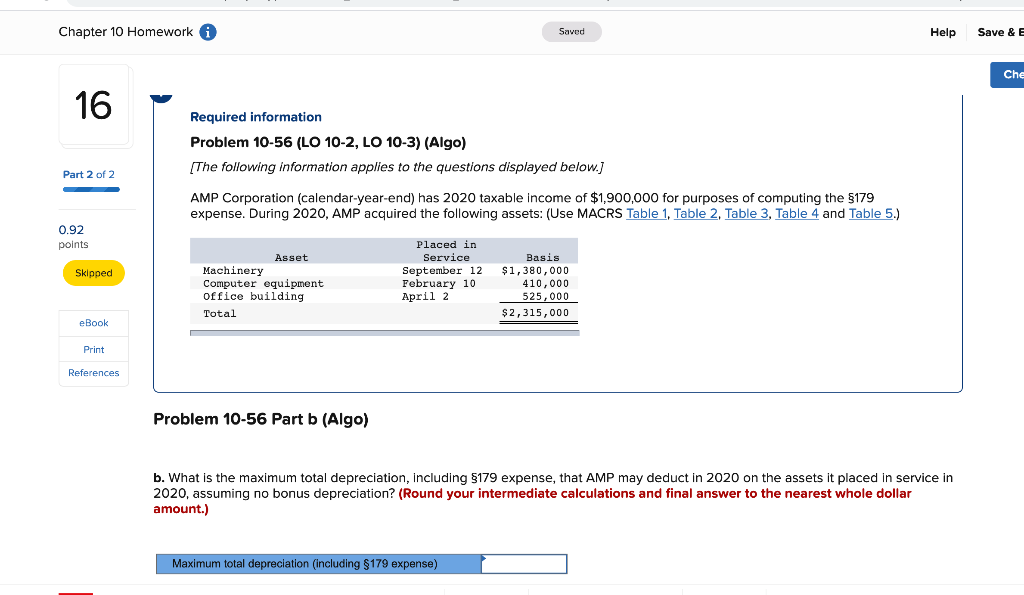  Chapter 10 Homework Saved Help Save & E Che 16 Required