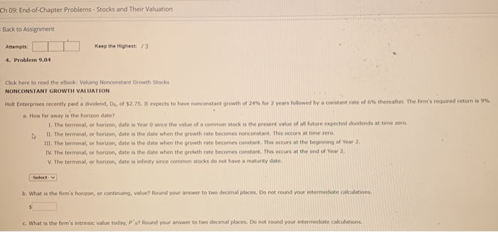  Ch 09: End-of-Chapter Problems - Stocks and Their Valuation Back to