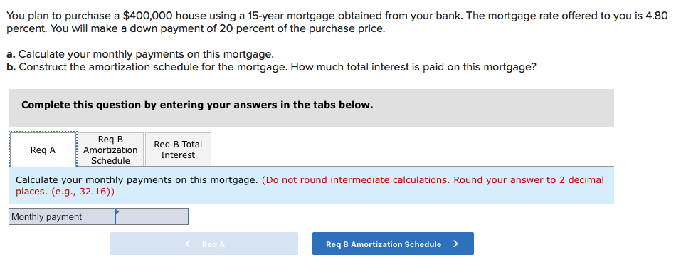  You plan to purchase a $400,000 house using a 15-year mortgage
