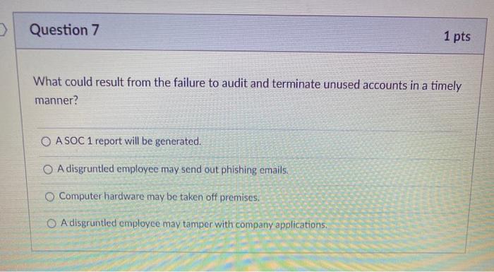  > Question 7 1 pts What could result from the failure