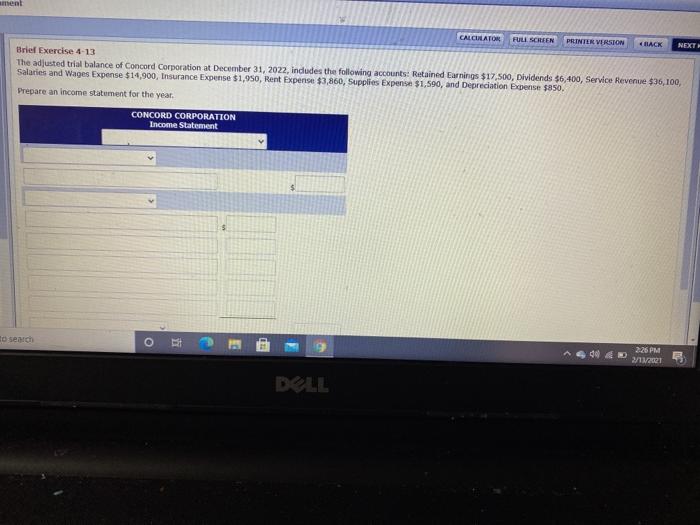  ment CALCULATOR FULL SCREEN PRINTER VERSION BACK NEXT Brief Exercise 4-13