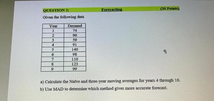 Forecasting (20 Points) QUESTION 2: Given the following data Year 1