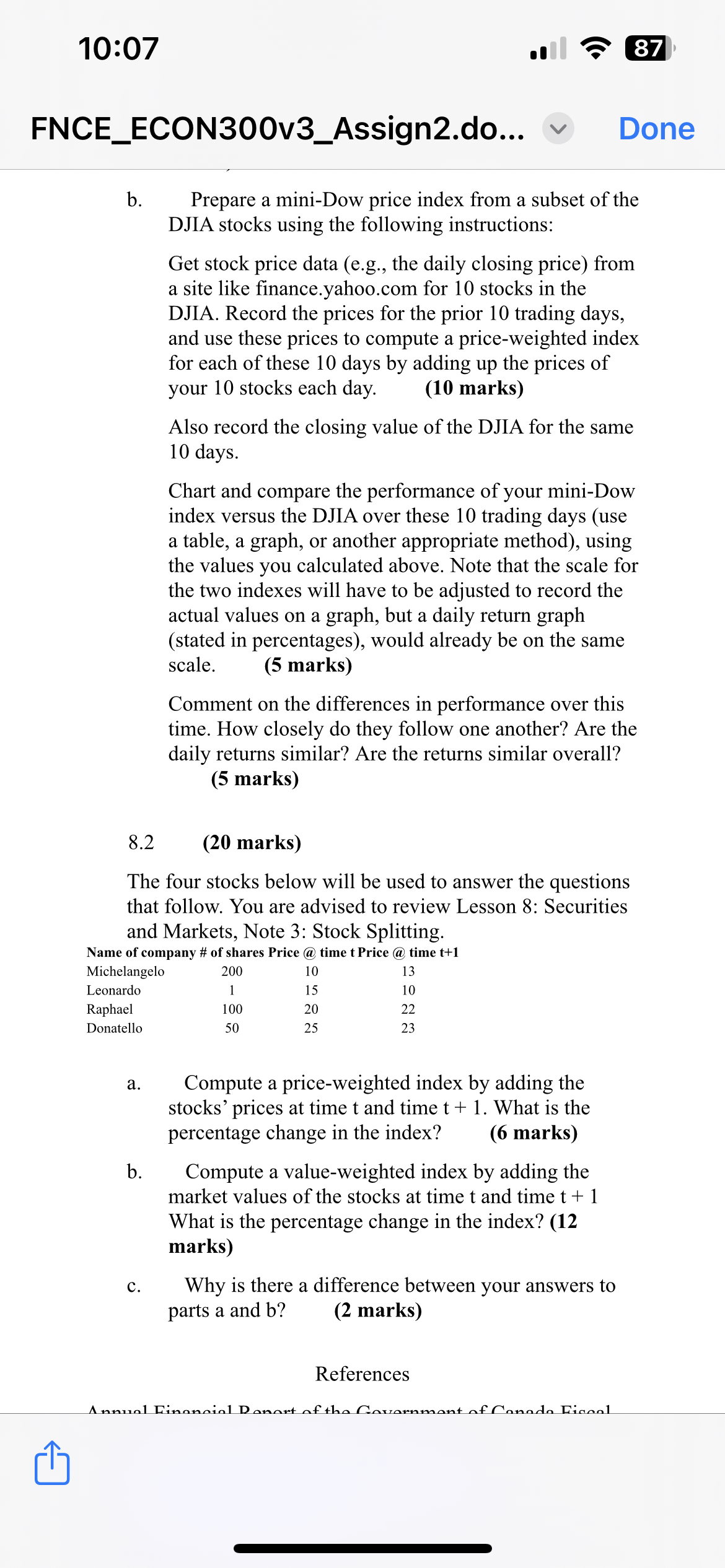  10:07 FNCE_ECON300v3_Assign2.do... b. Prepare a mini-Dow price index from a subset