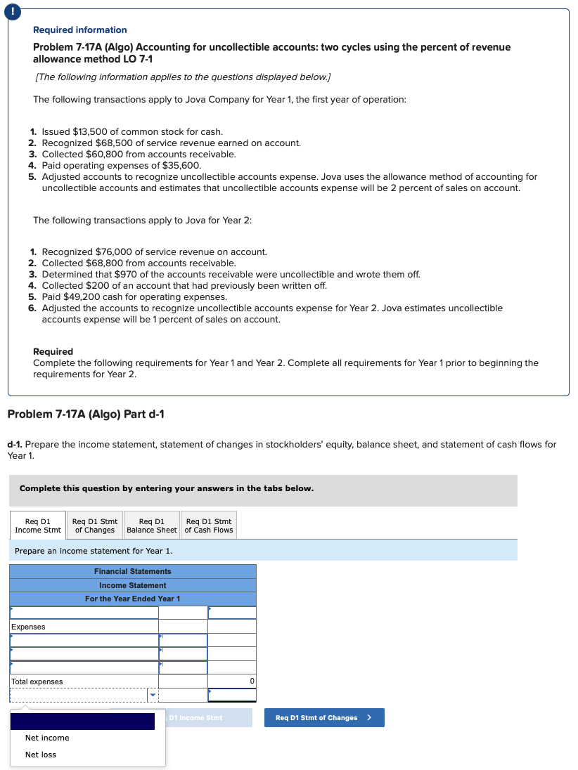  Options available for Req D1 Income Stmt: Options dor Req D1