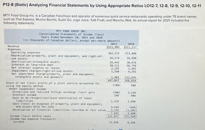 PLEASE HELP P12-8 (Static) Analyzing Financial Statements by Using Appropriate Ratios LO12-7,