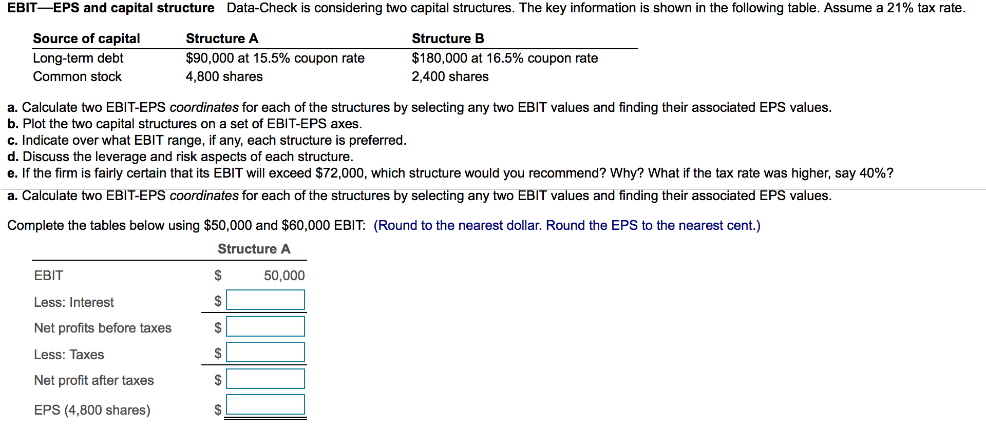  EBITEPS and capital structure Data-Check is considering two capital structures. The