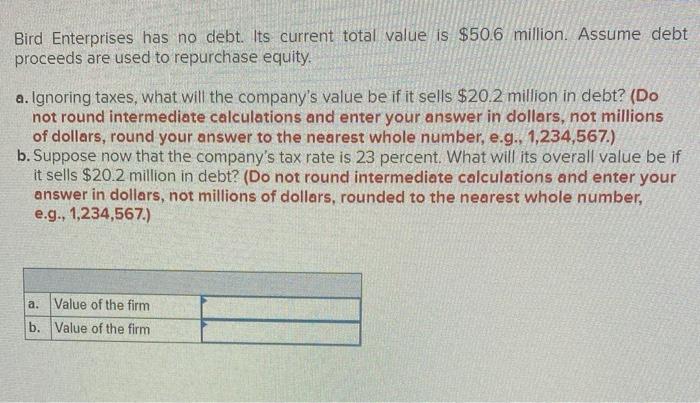  Bird Enterprises has no debt. Its current total value is $50.6