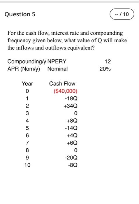 Question 5 -- / 10 For the cash flow, interest rate