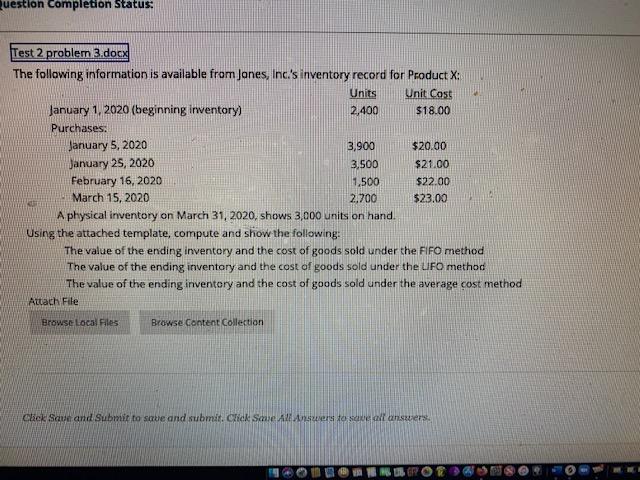  uestion Completion Status: Test 2 problem 3.docx The following information is