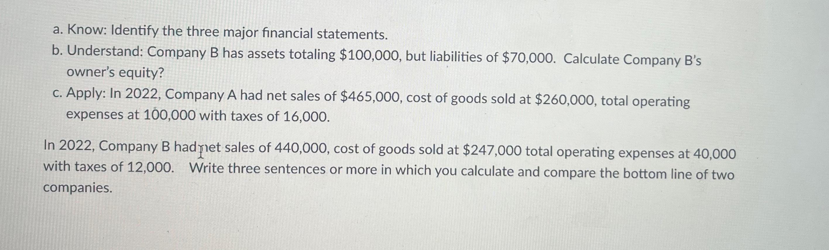  a. Know: Identify the three major financial statements. b. Understand: Company