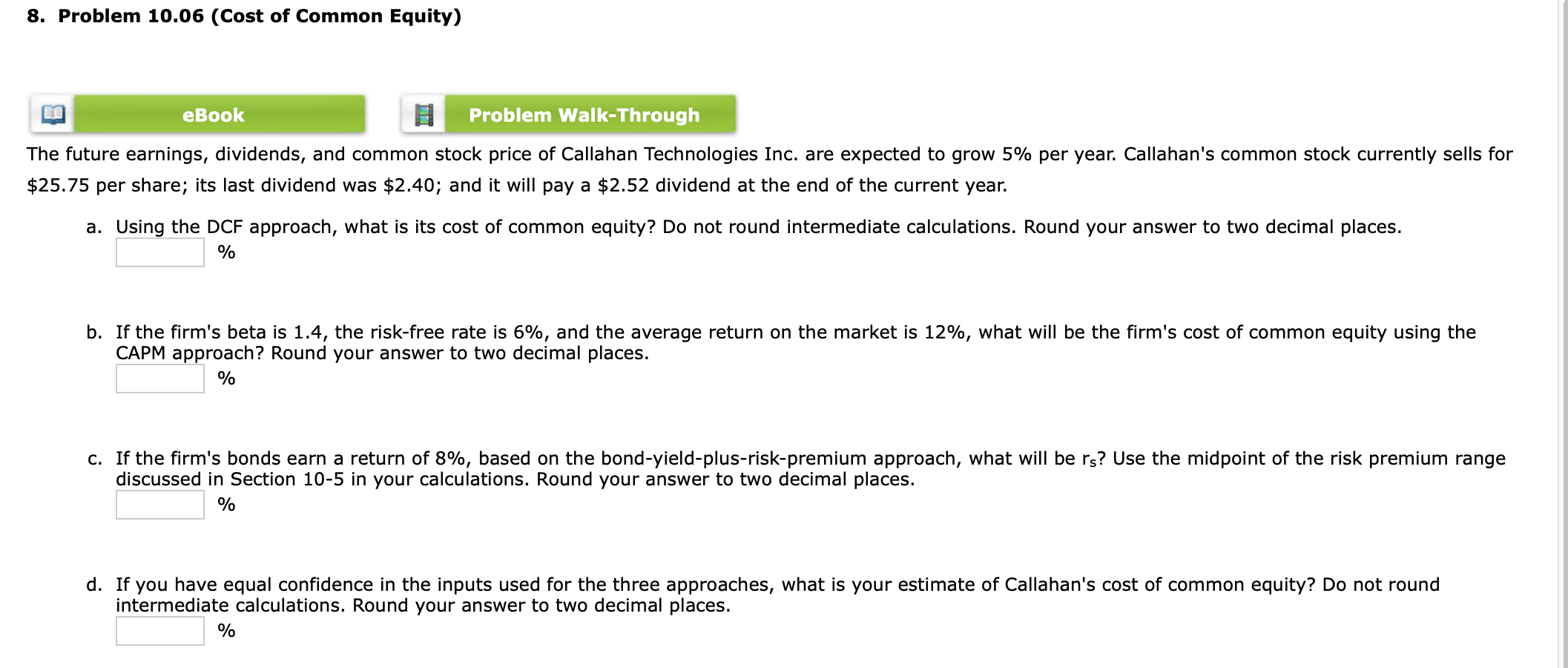 8. Problem 10.06 (Cost of Common Equity) eBook Problem Walk-Through The