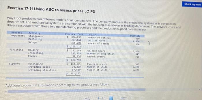  Check my work Exercise 17-11 Using ABC to assess prices LO