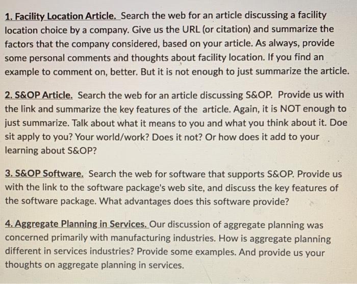  1. Facility Location Article. Search the web for an article discussing