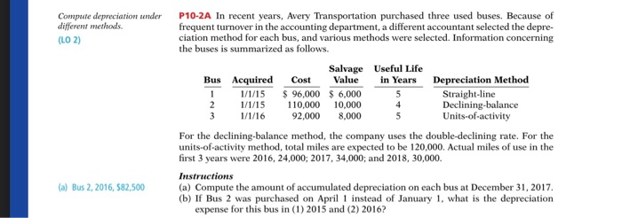  Compule depreciation under different methods. (LO ) P10-2A In recent years,