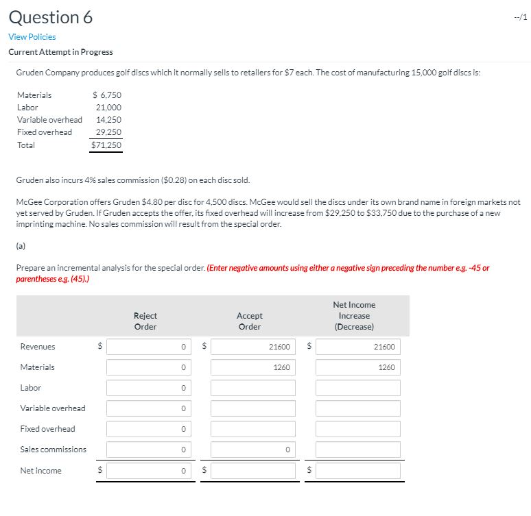 Question 6 --/1 View Policies Current Attempt in Progress Gruden Company