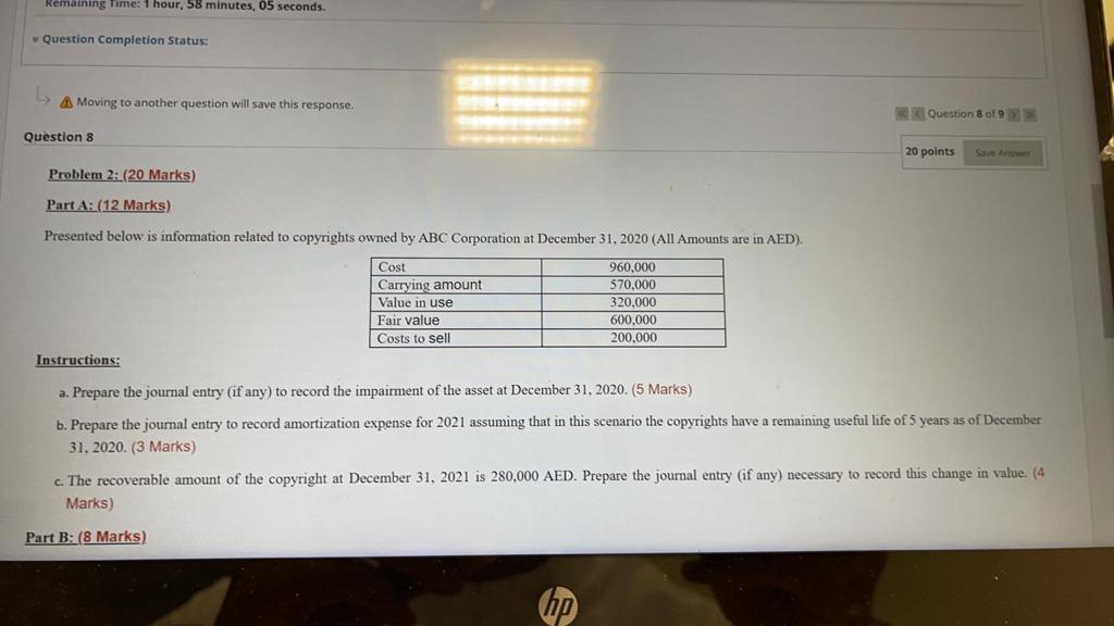 Remaining Time: 1 hour, 58 minutes, 05 seconds. Question Completion Status: