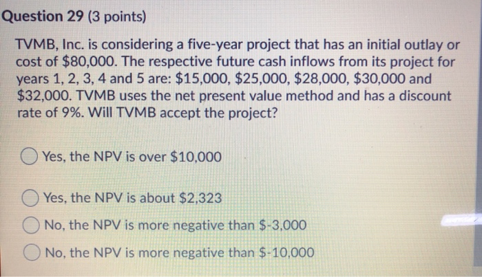  Question 29 (3 points) TVMB, Inc. is considering a five-year project
