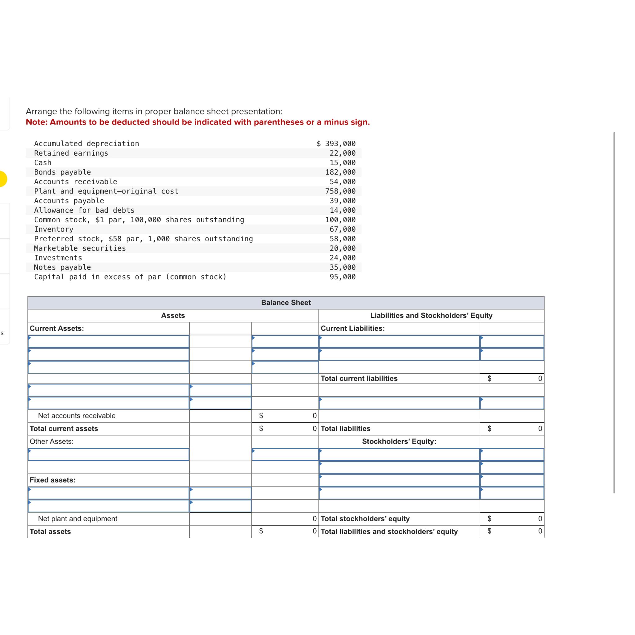  Arrange the following items in proper balance sheet presentation: Note: Amounts