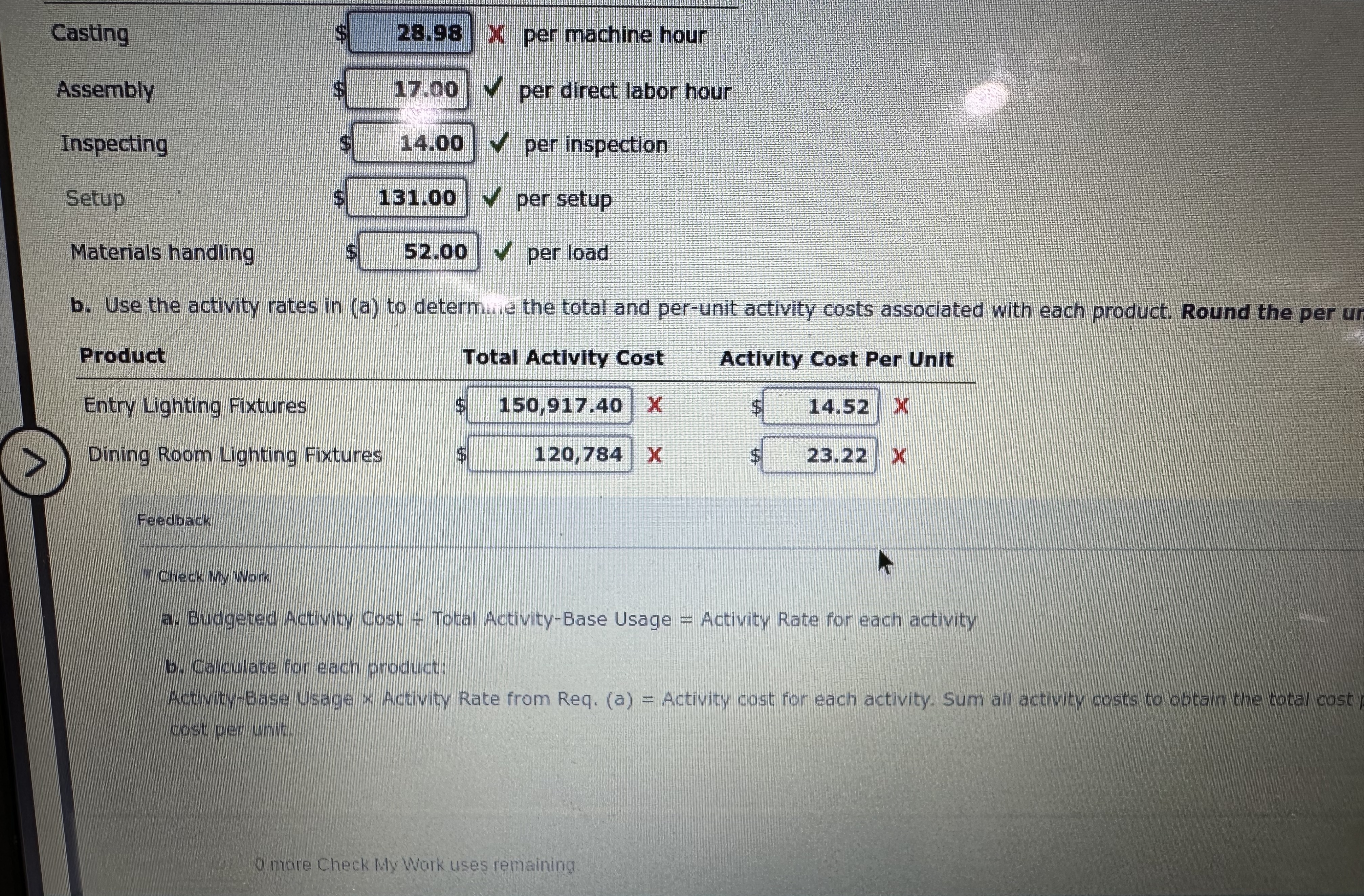  Budgeted \table[[Activity,Activity Cost,Activity Base],[Casting,$285,940,Machine hours],[Assembly,191,080,Direct labor hours],[Inspecting,34,860,Number of inspections],[Setup,45,850,Number of setups],[Materials