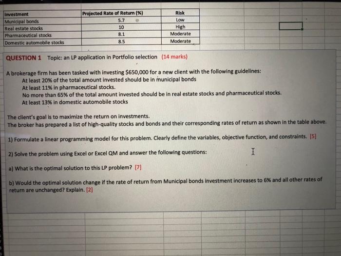  QUESTION 1 Topic: an LP application in Portfolio selection (14 marks)