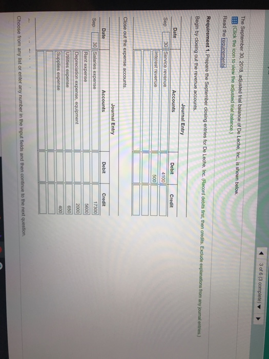 Prepare the September closing entries for De Leche, Inc. (Record debits first,