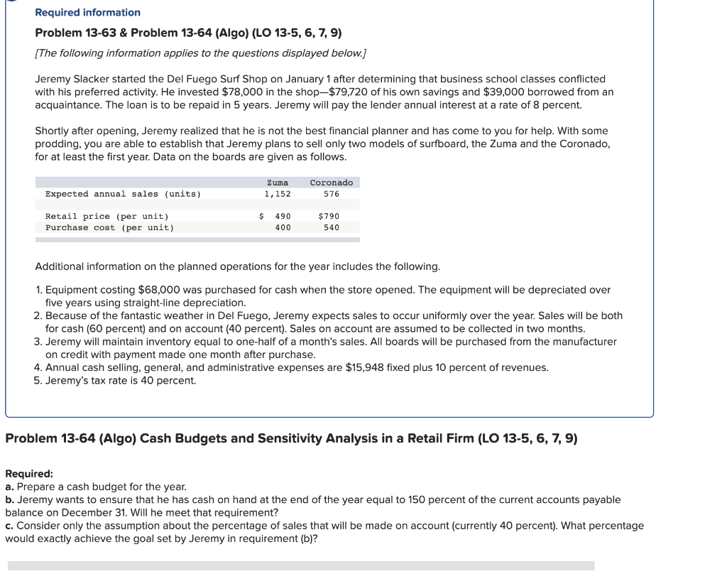 Required information Problem 13-63 & Problem 13-64 (Algo) (LO 13-5, 6,