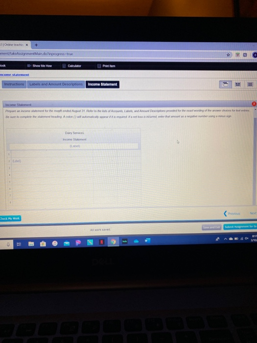Labels and Amount Descriptions Income Statement Instructions Dairy Services was organized on