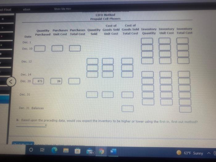 sales data for prepaid cell phones for December are as follows: Inventory