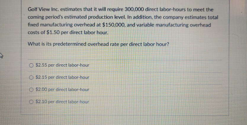  Golf View Inc. estimates that it will require 300,000 direct labor-hours
