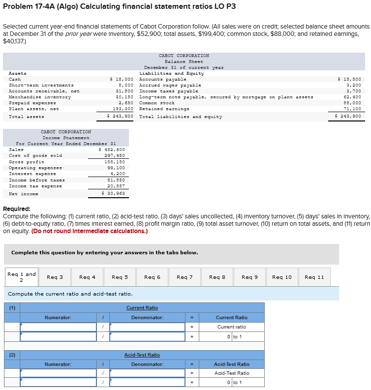  Problem 17-4A (Algo) Calculating financial statement ratios LO P3 Selected current