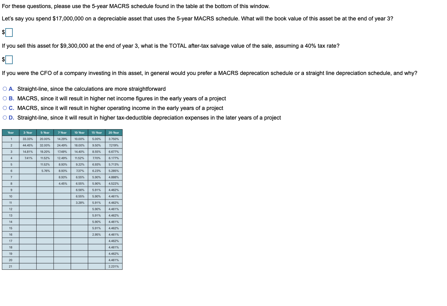 For these questions, please use the 5-year MACRS schedule found in