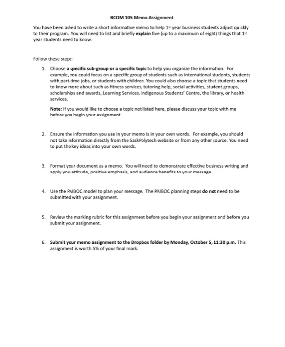 BCOM 105 Memo Assignment You have been asked to write a