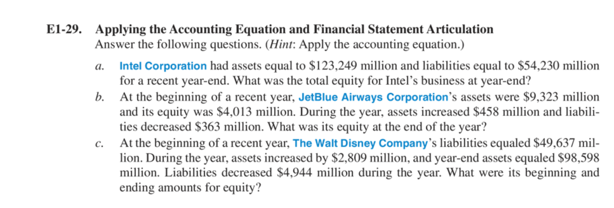  E1-29. Applying the Accounting Equation and Financial Statement Articulation Answer the