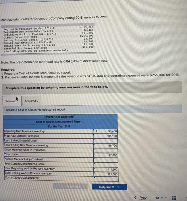the pre Manufacturing costs for Davenport Company during 2018 were as follows: