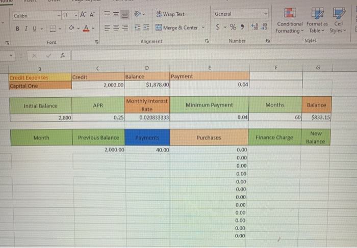 create a table on EXCEL to see when the example capital one