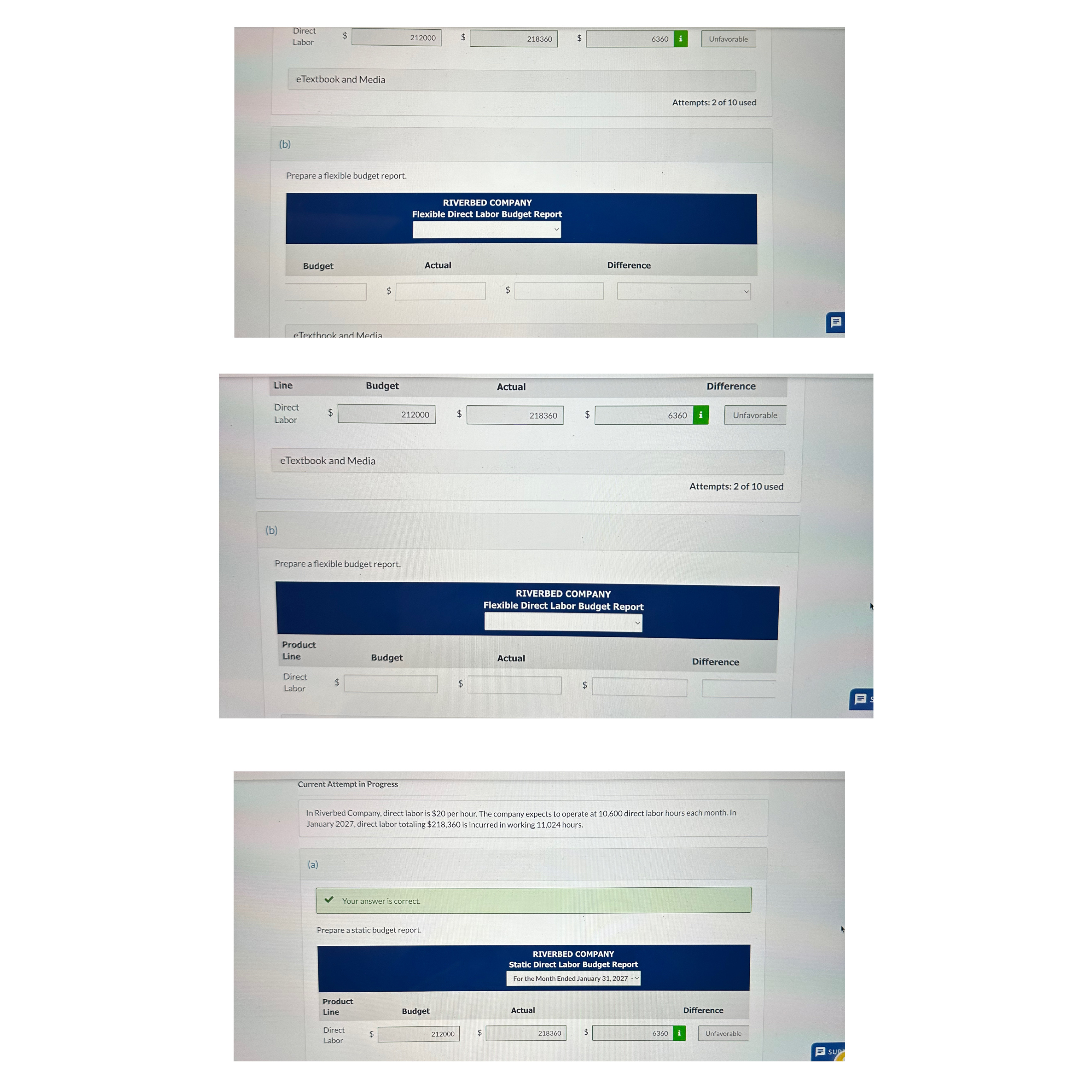  Direct $ 212000 $ 218360 $ Labor eTextbook and Media Attempts: