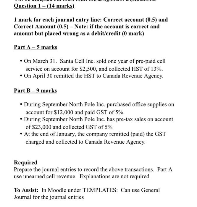  Question 1 - (14 marks) 1 mark for each journal entry