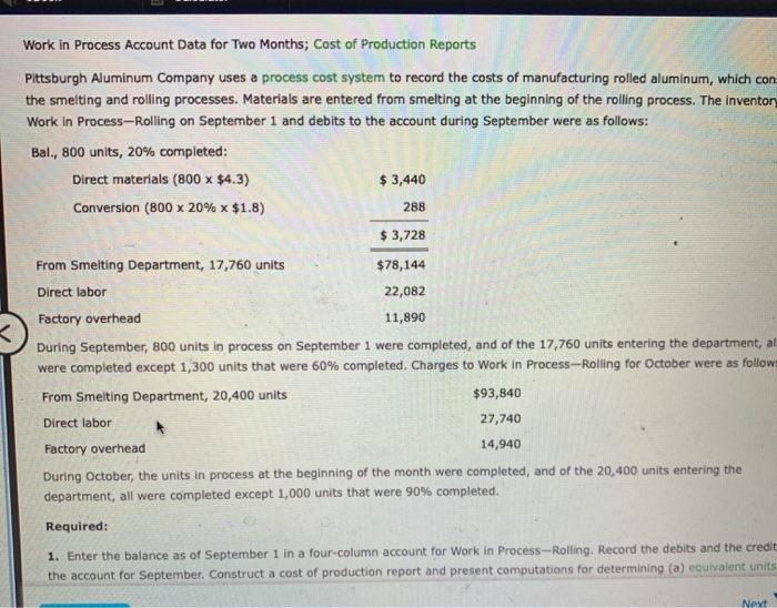  Work in Process Account Data for Two Months; Cost of Production
