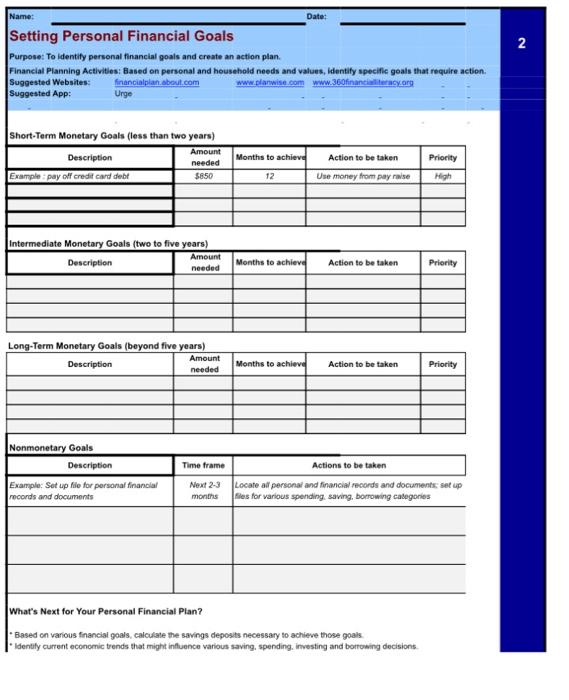 three months) Financial Planning Activities Record in and outfiows of cash for
