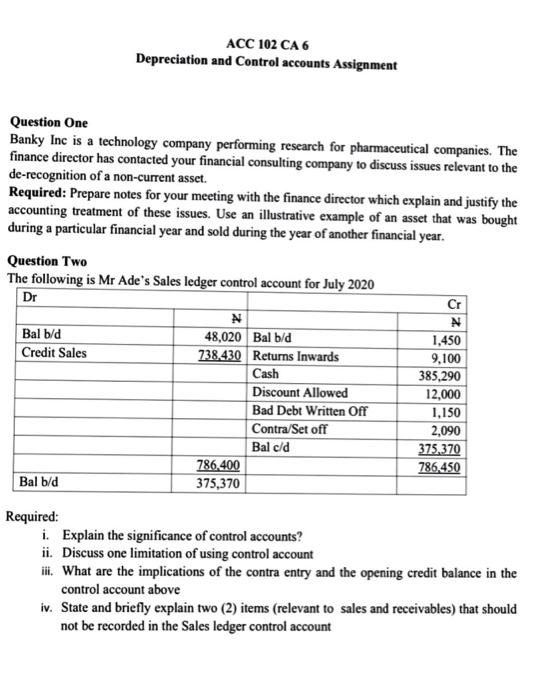  ACC 102 CA 6 Depreciation and Control accounts Assignment Question One