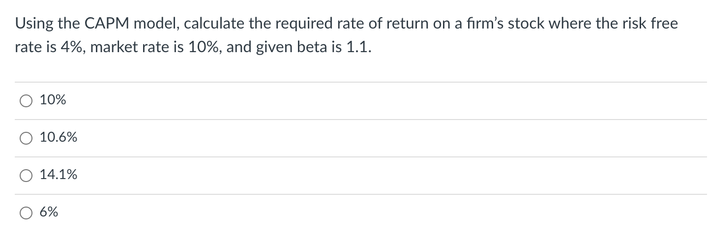 Using the CAPM model, calculate the required rate of return on