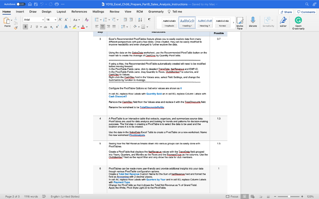 AutoSave OFF NU OO Y019_Excel_Ch06_Prepare_PartB_Sales_Analysis_Instructions - Saved to my Mac Review View