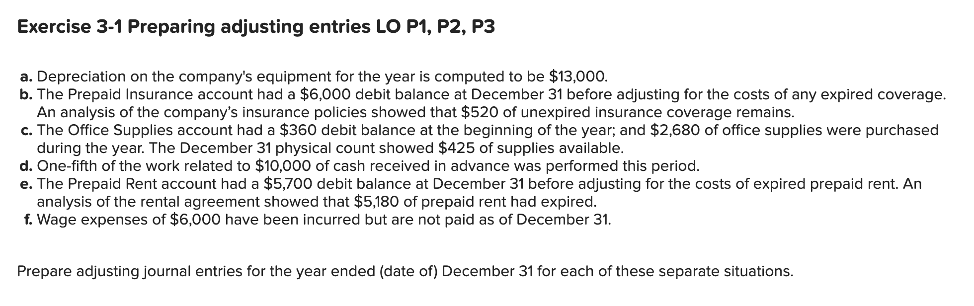 undefined Exercise 3-1 Preparing adjusting entries LO P1, P2, P3 a. Depreciation