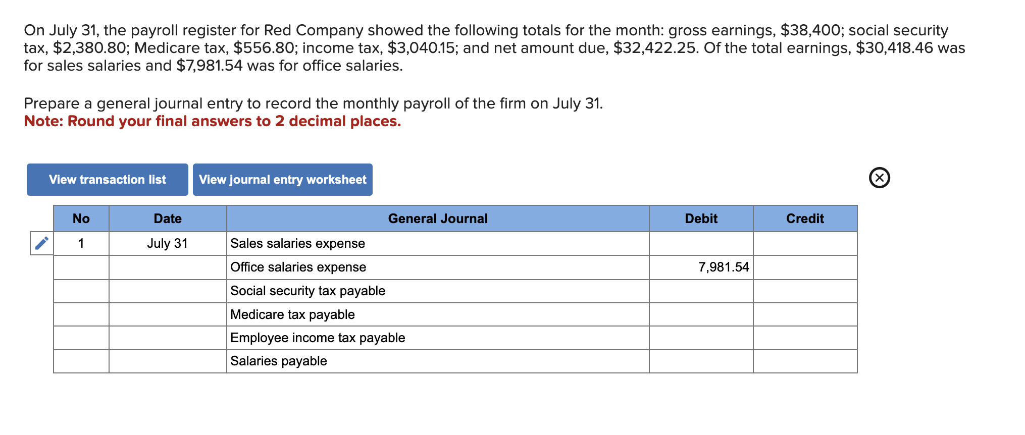  On July 31, the payroll register for Red Company showed the