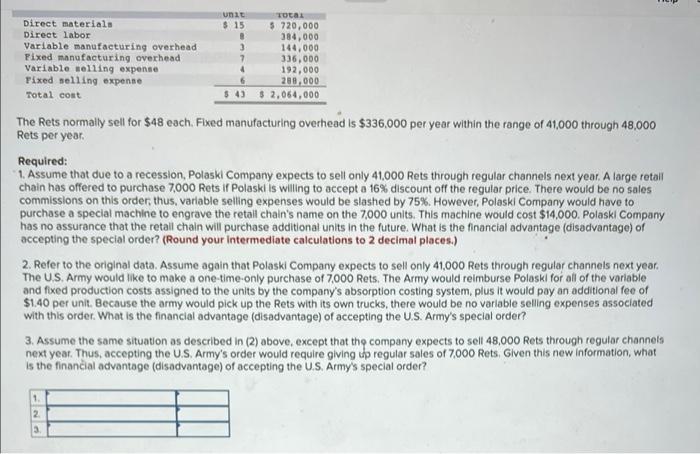 Company manufactures and sells a single product called a Ret. Operating at