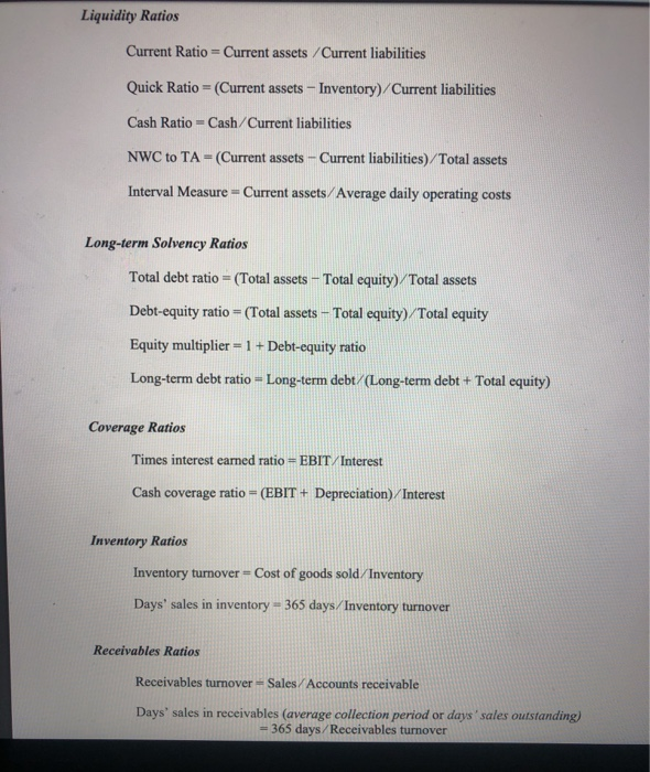 current ratio, cash ratio, quick ratio, Interval measure and Net working capital