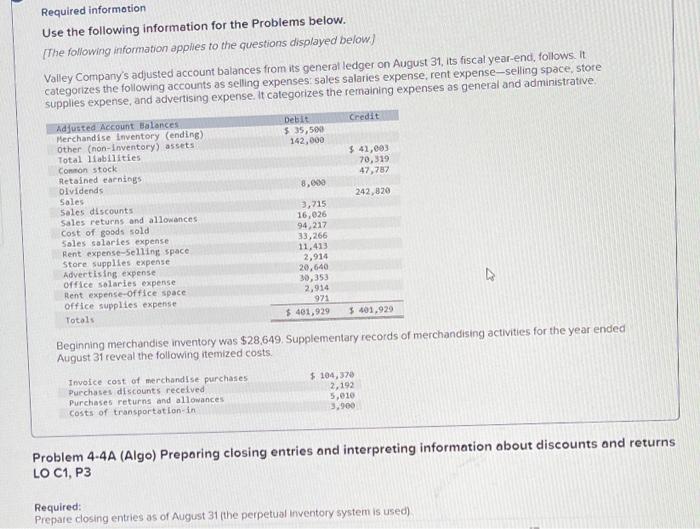  Required information Use the following information for the Problems below. [The