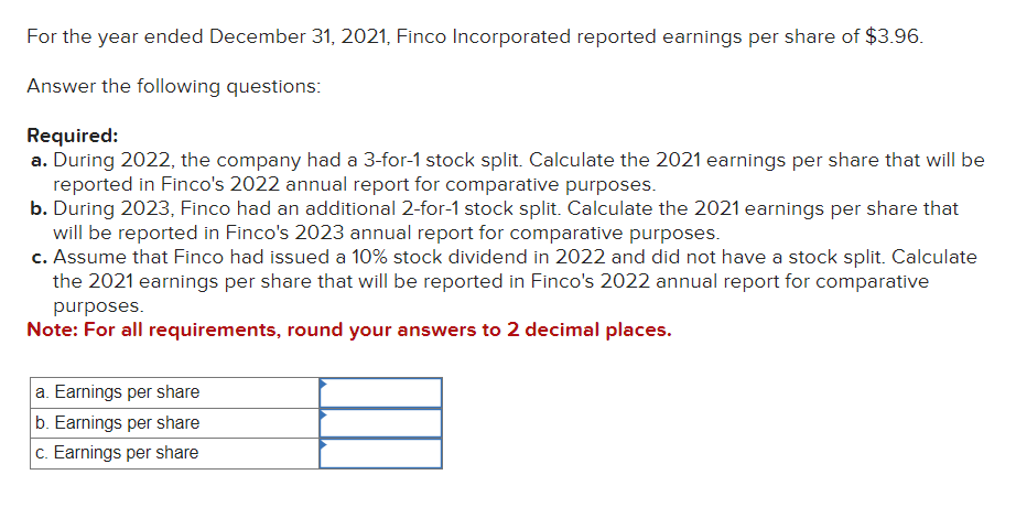  For the year ended December 31,2021, Finco Incorporated reported earnings per