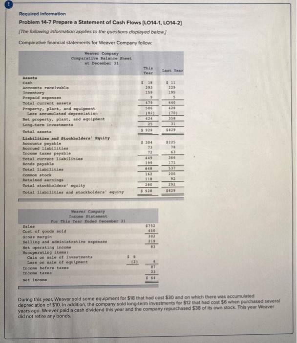 Required information Problem 14-7 Prepare a Statement of Cash Flows (L014-1,