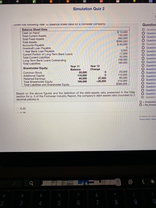  Simulation Quiz 2 Question Given the Tonowing year 12 balance sheet